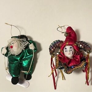 Vintage Porcelain Jester  And Swinging Clown Christmas holiday ornaments